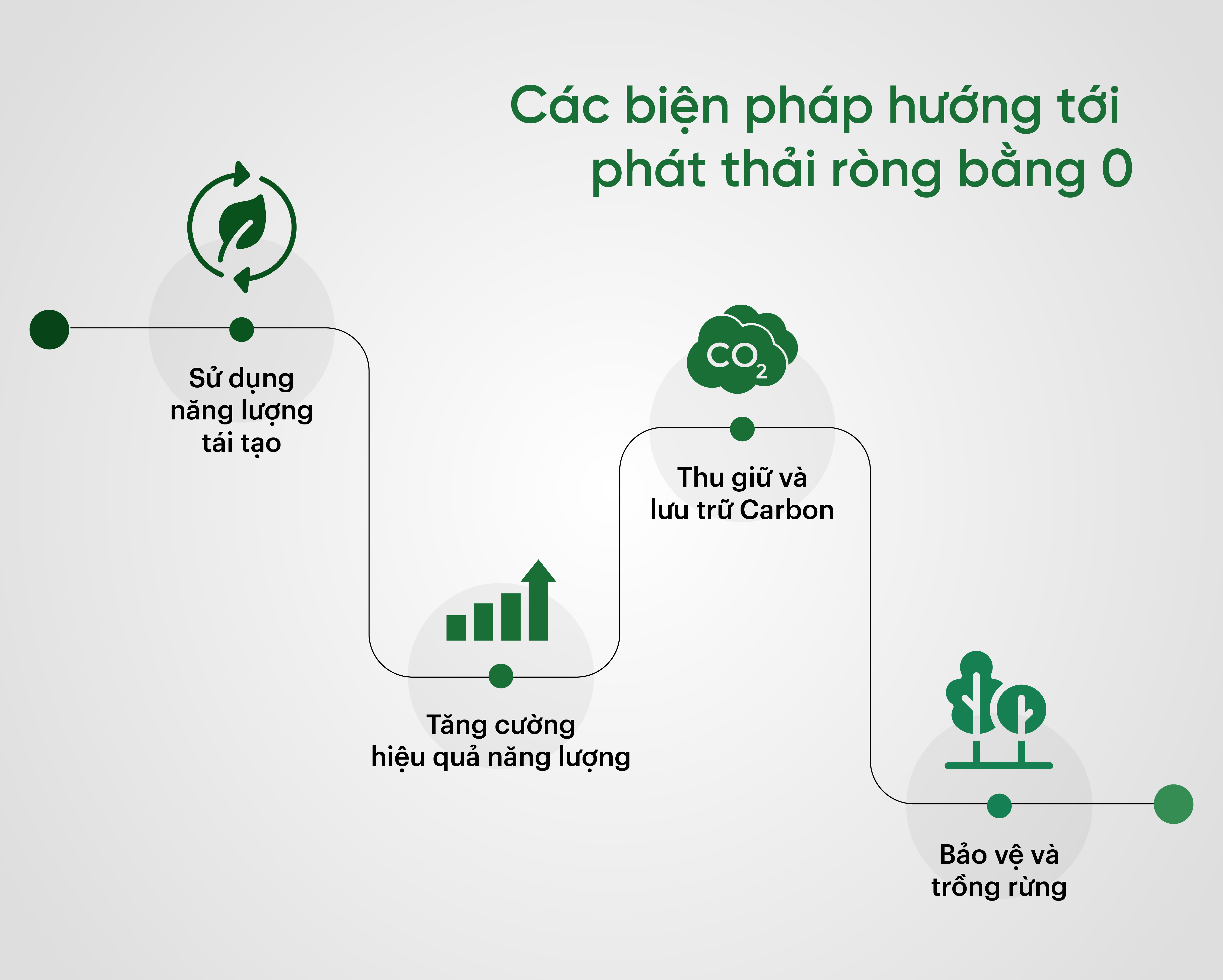 Các biện pháp hướng tới phát thải ròng bằng 0Sử dụng năng lượng tái tạo Tăng cường hiệu quả năng lượng Thu giữ và lưu trữ Carbon Bảo vệ và trồng rừng