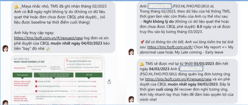  Maya hỗ trợ tra cứu thông tin liên quan đến nghỉ phép/chấm công